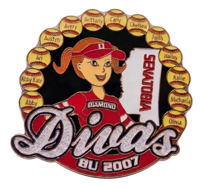 Commemorative softball pin with female player and team member names