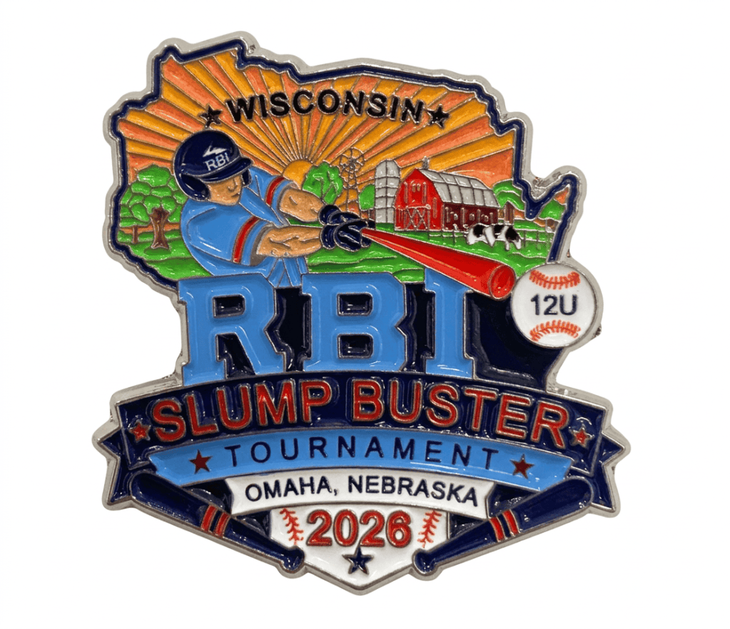 Pin featuring a baseball player swinging, Wisconsin outline, barn, cow, and text about 2026 RBI Slump Buster tournament