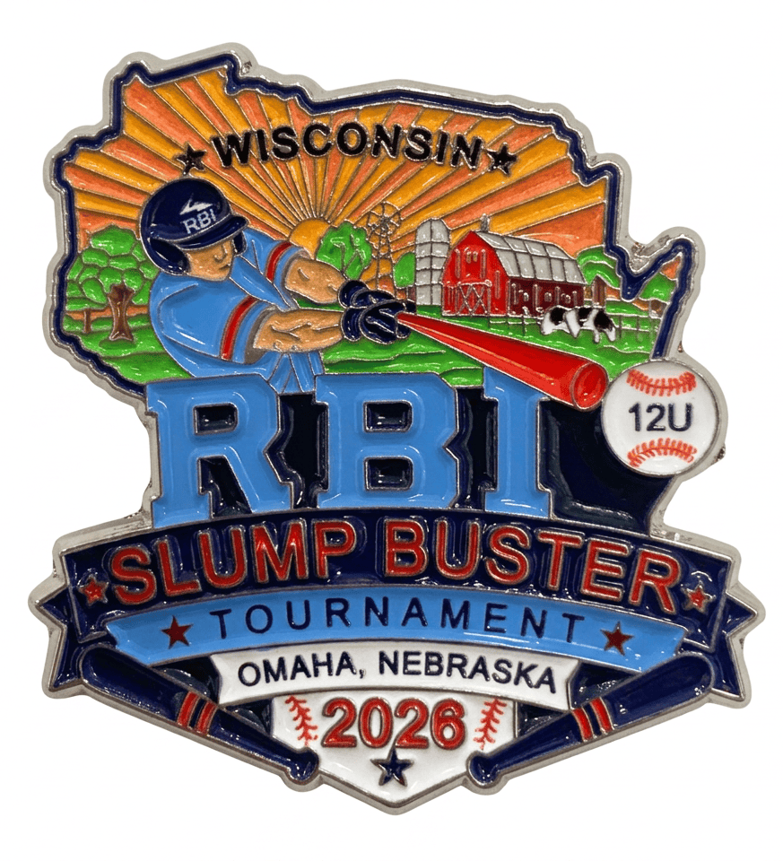 Pin featuring a baseball player swinging, Wisconsin outline, barn, cow, and text about 2026 RBI Slump Buster tournament