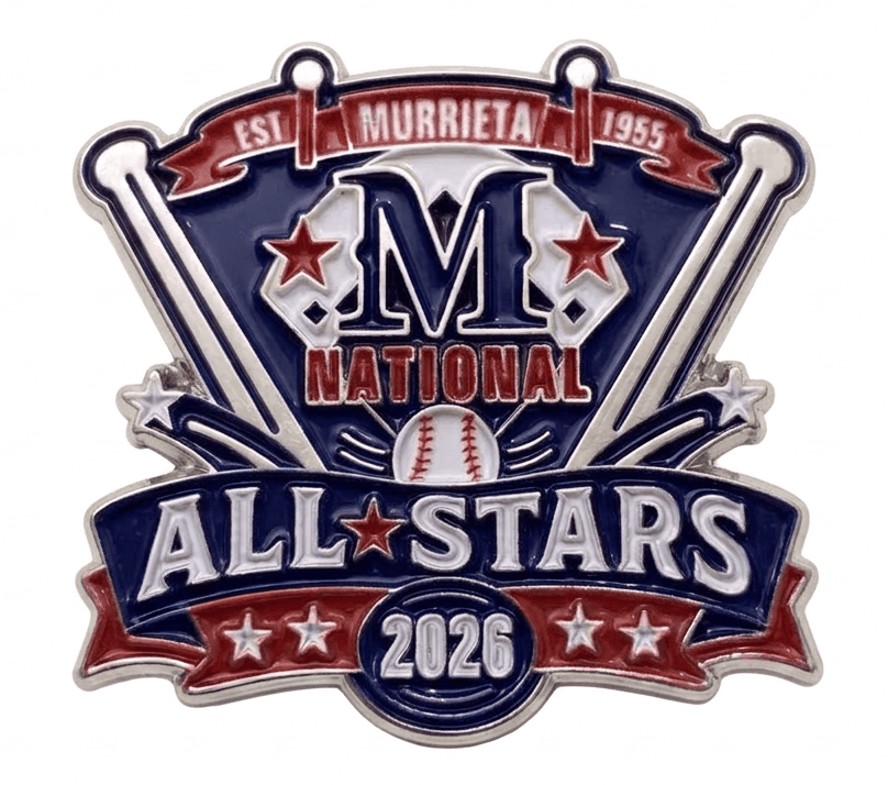Murrieta National All-Stars 2026 baseball pin with bats, ball, and stars