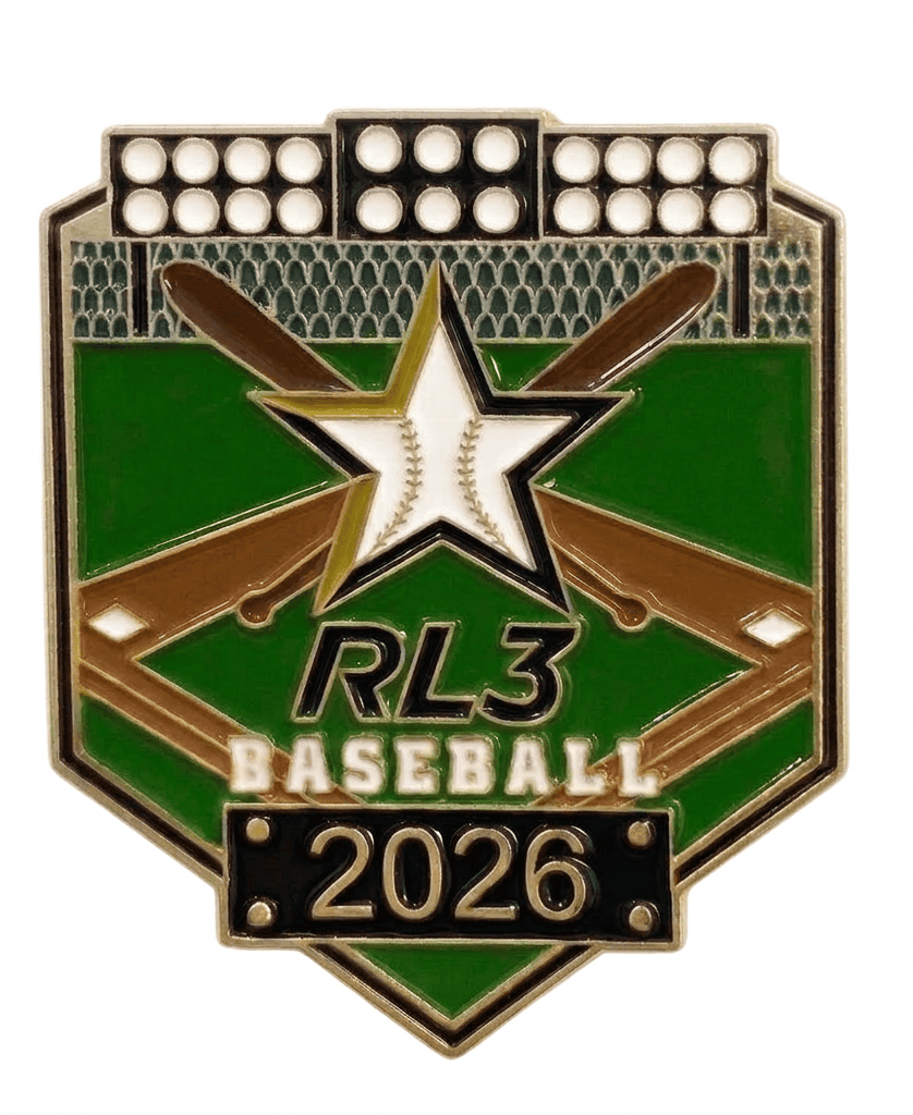 RL3 Baseball 2026 pin featuring a white star with baseball stitching and crossed bats on green field background