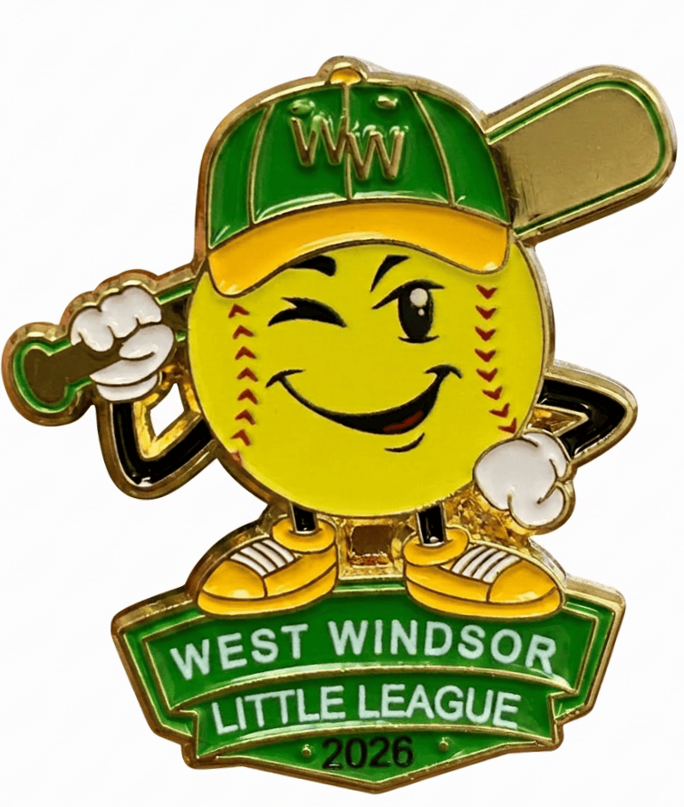 Pin of a winking yellow baseball mascot with green and yellow cap and sneakers, holding a bat, with text 'West Windsor Little League 2026'