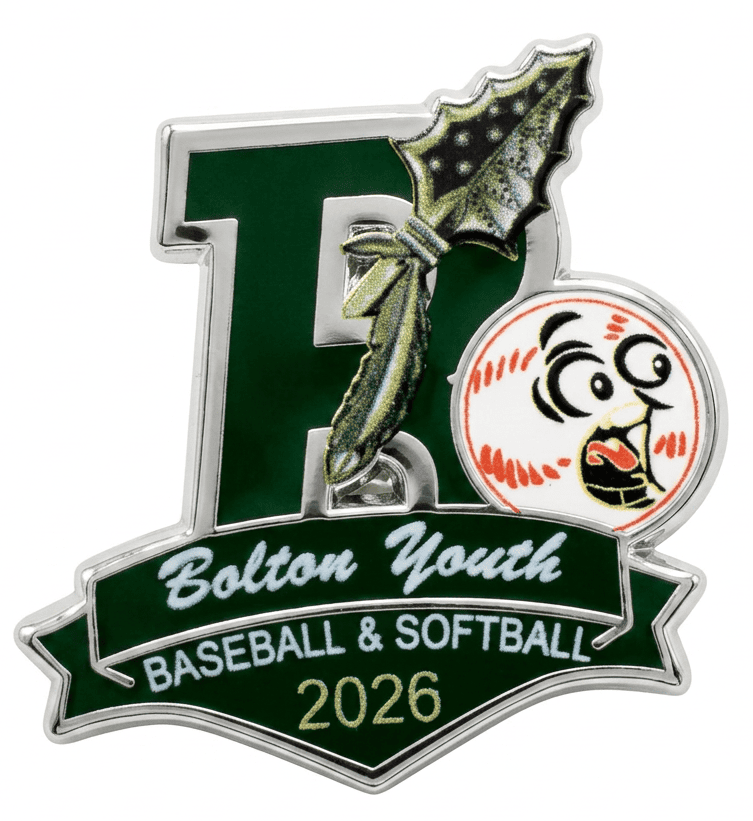 Pin with green letter B, holly leaf, softball face, and text Bolton Youth Baseball & Softball 2026