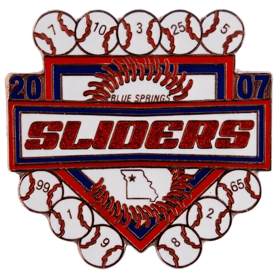 Blue Springs Sliders 2007 baseball team pin with baseball motifs and numbers